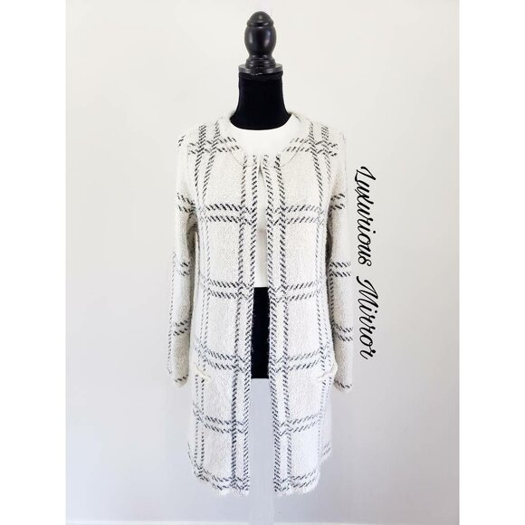 August Silk Windowpane Jacket Coat Ivory Black Hook And Eye Pockets Womens M New - Picture 6 of 9